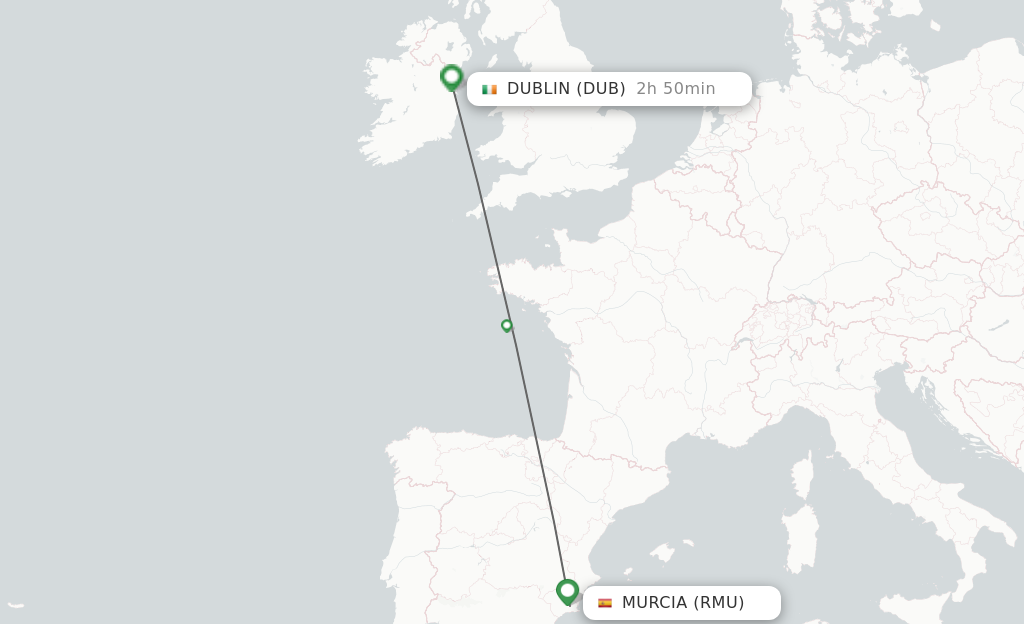 Flights from Corvera to Dublin route map