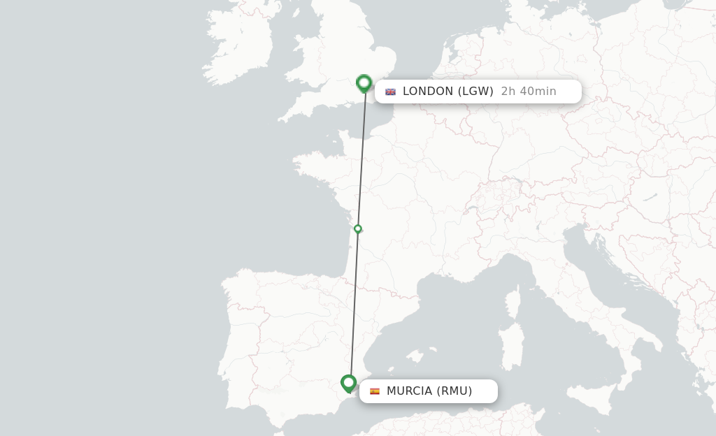 Flights from Corvera to London route map
