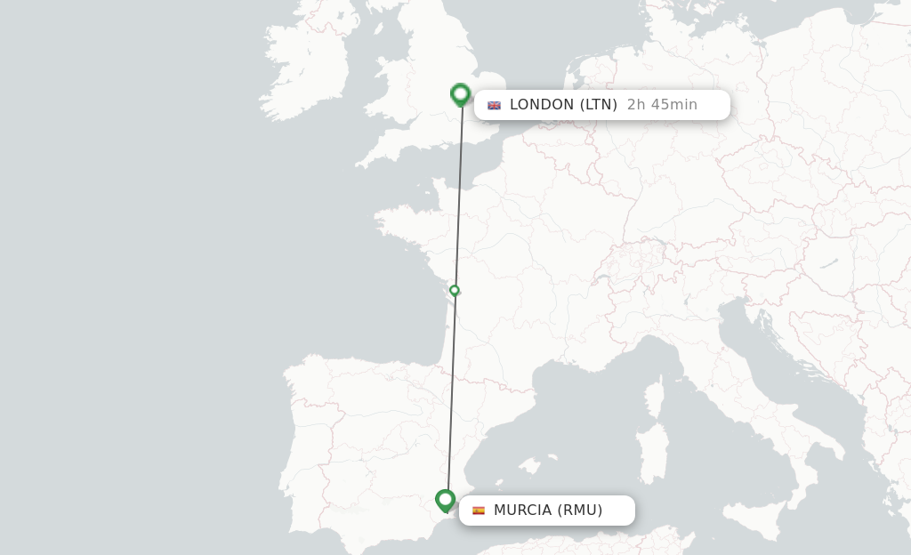 Flights from Corvera to London route map