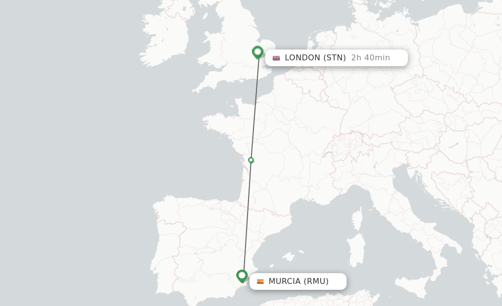 Flights from Corvera to London route map