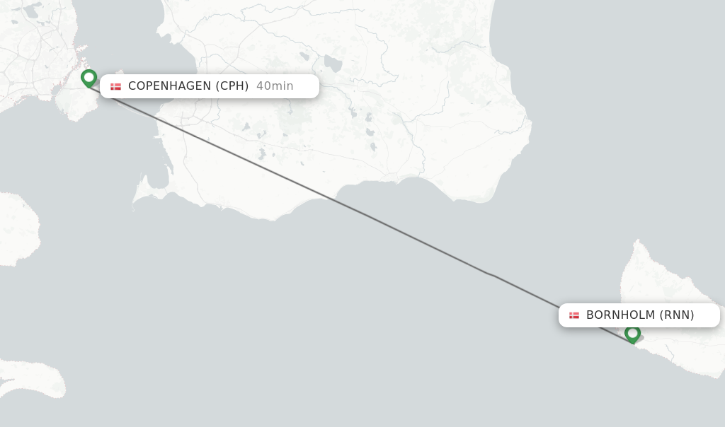 Flights from Bornholm to Copenhagen route map