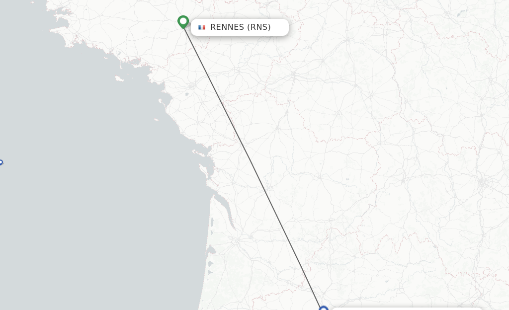 Flights from Rennes to Toulouse route map