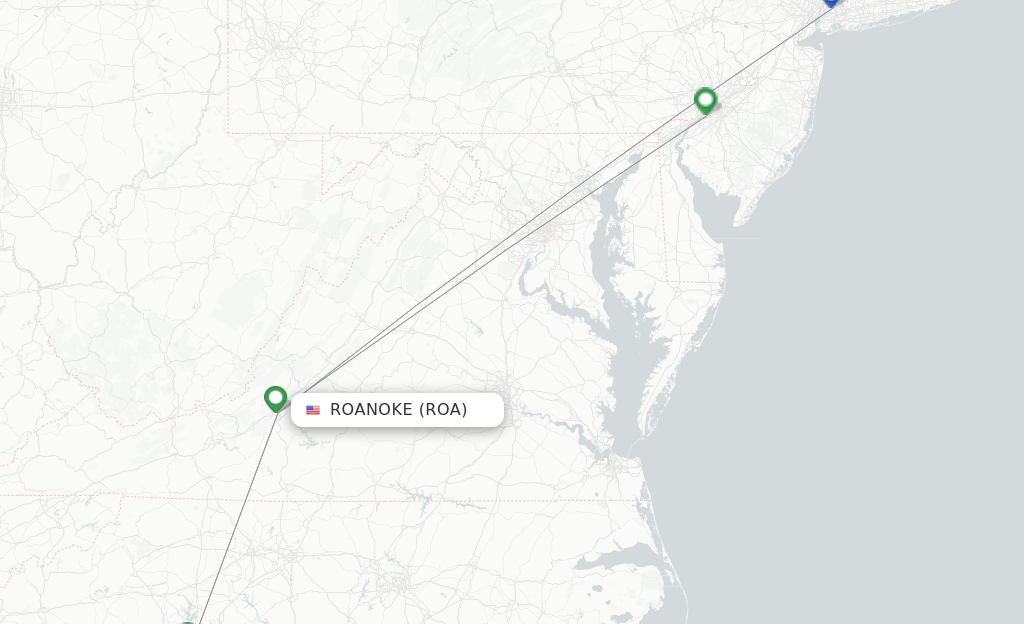 Route map with flights from Roanoke with American Airlines