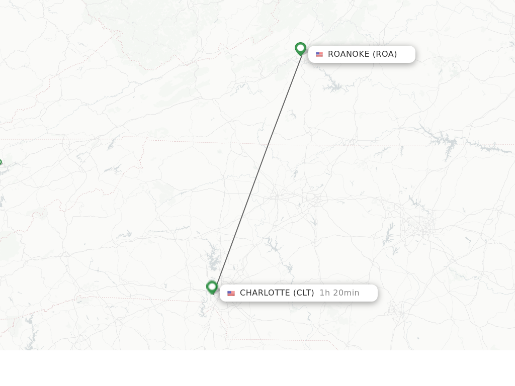Flights from Roanoke to Charlotte route map