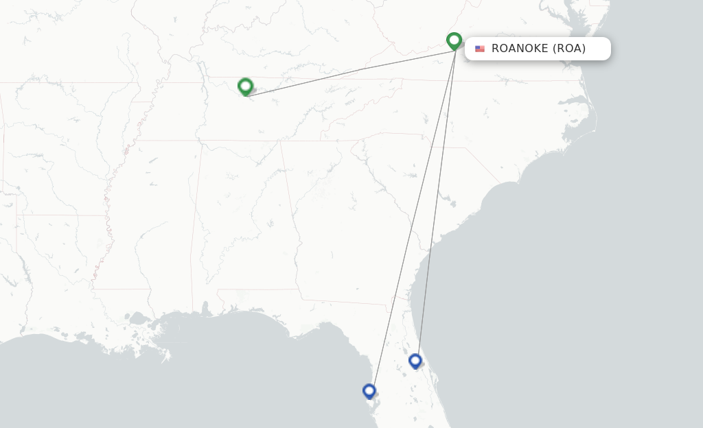 Route map with flights from Roanoke with Allegiant Air