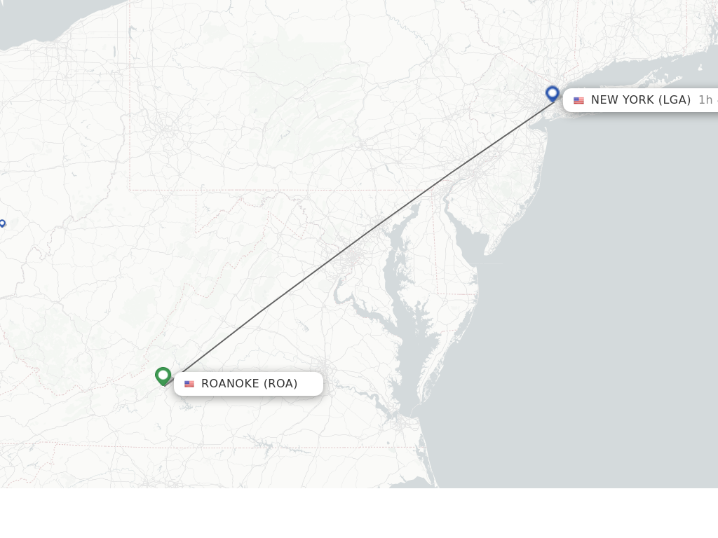 Flights from Roanoke to New York route map