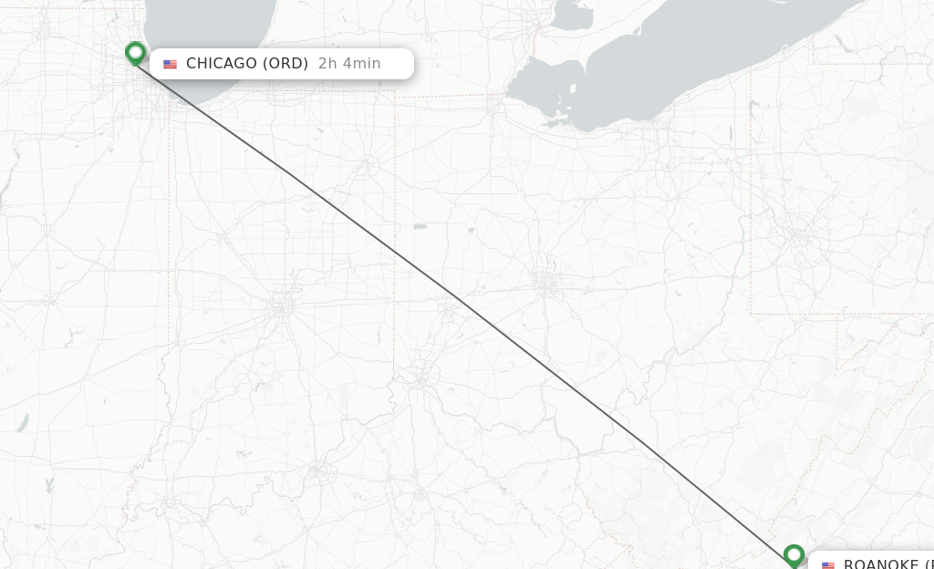 Flights from Roanoke to Chicago route map