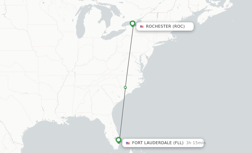 Flights from Rochester to Fort Lauderdale route map