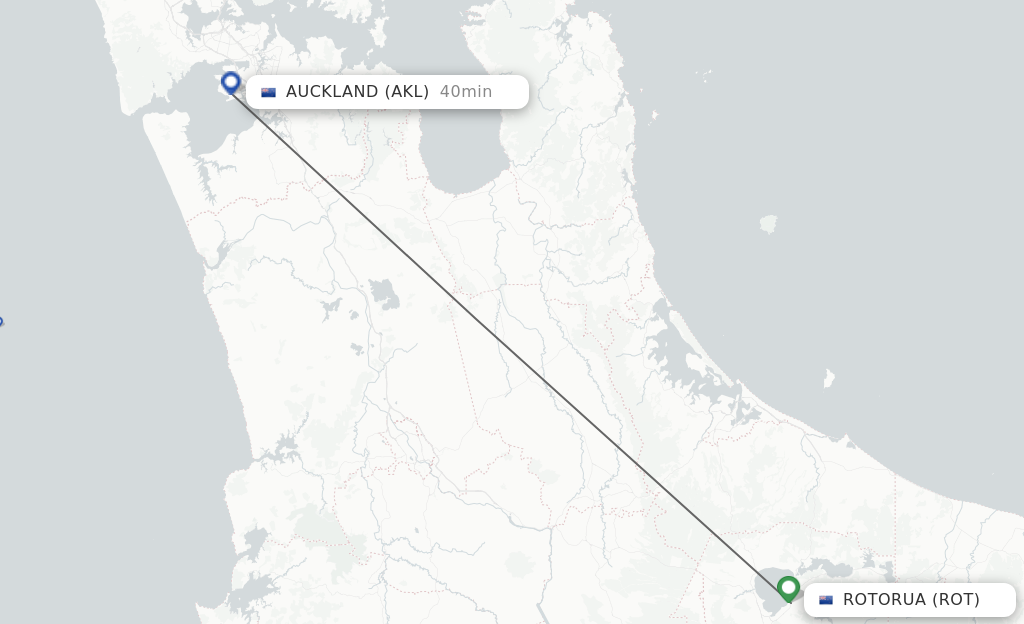 Flights from Rotorua to Auckland route map