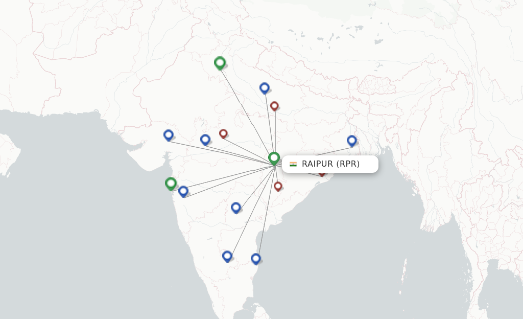 Route map with flights from Raipur with IndiGo