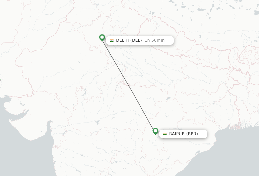 Flights from Raipur to Delhi route map