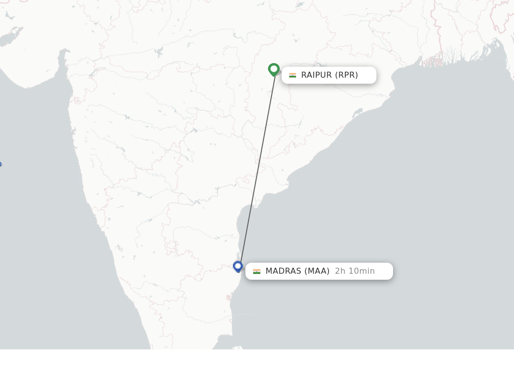 Flights from Raipur to Chennai route map