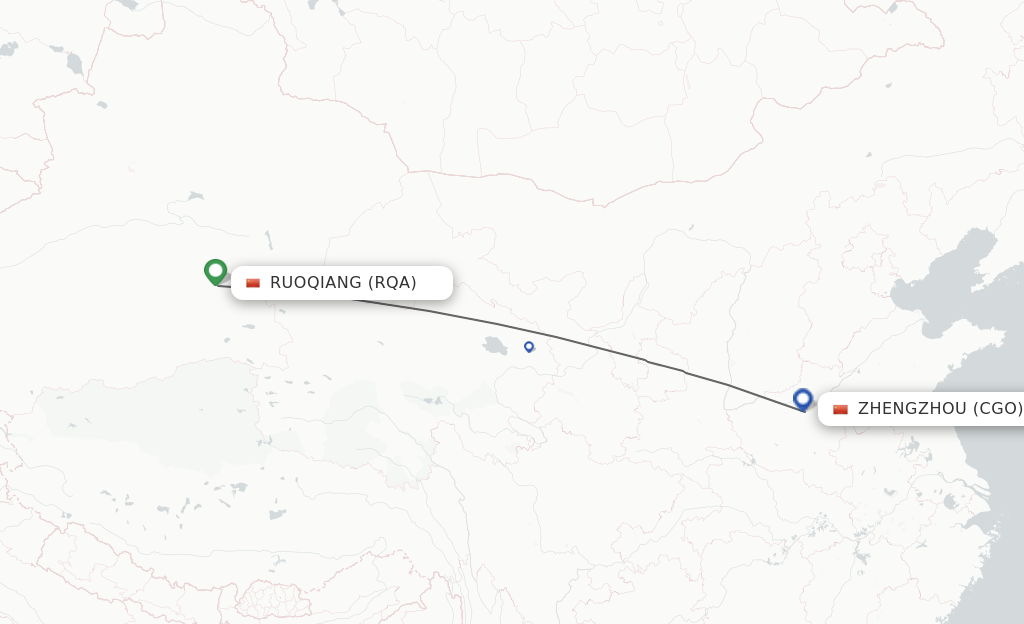 Flights from Ruogiang to Zhengzhou route map