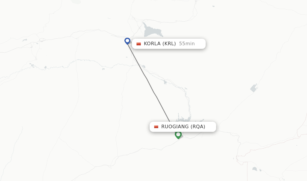 Flights from Ruogiang to Korla route map
