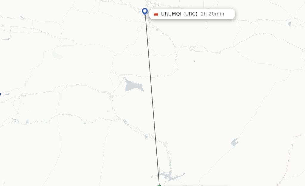 Flights from Ruogiang to Urumqi route map