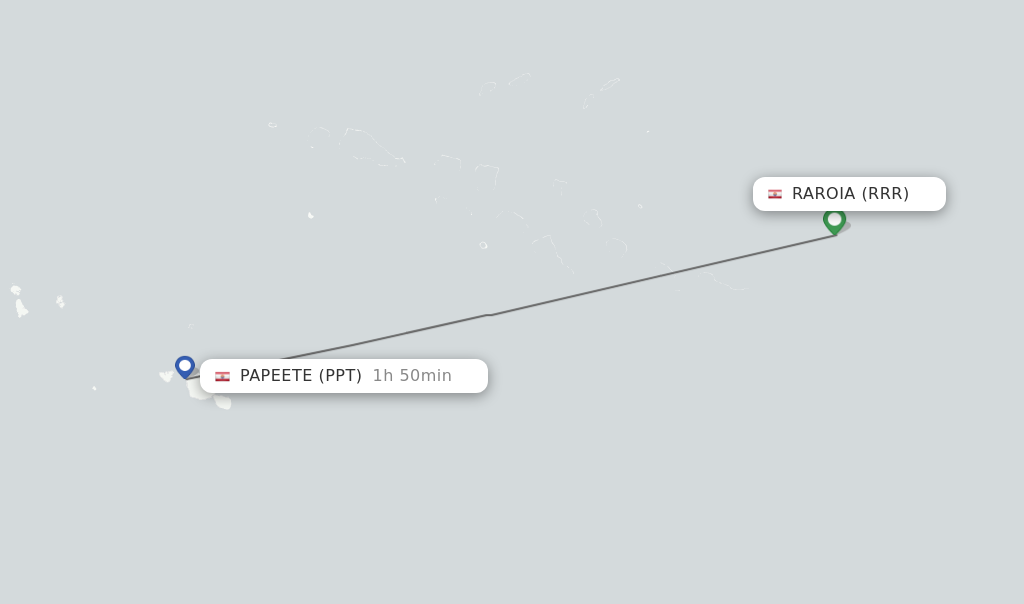 Flights from Papeete to Raroia route map