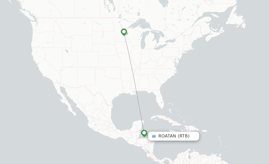Route map with flights from Roatan with Sun Country Airlines