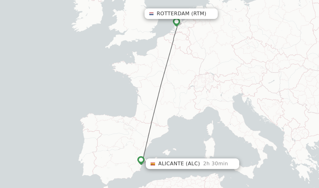 Flights from Rotterdam to Alicante route map