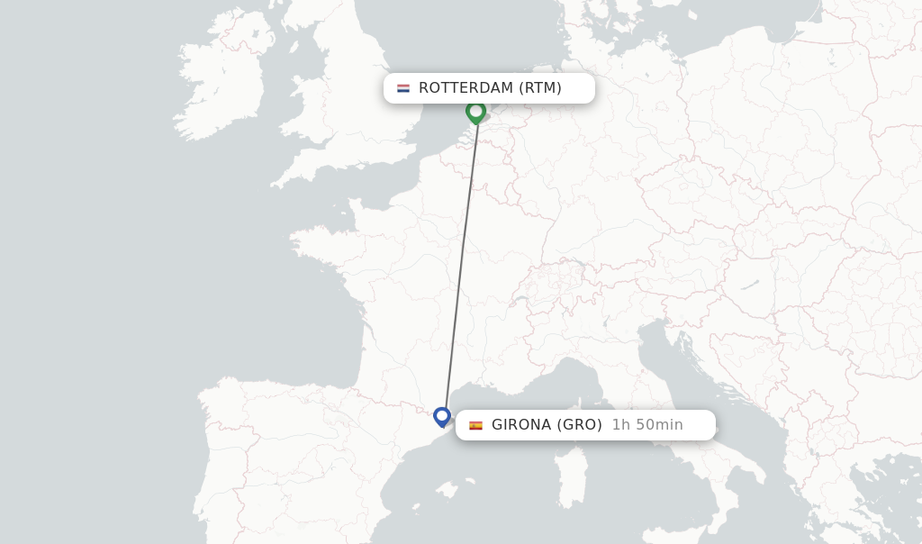 Flights from Rotterdam to Girona route map