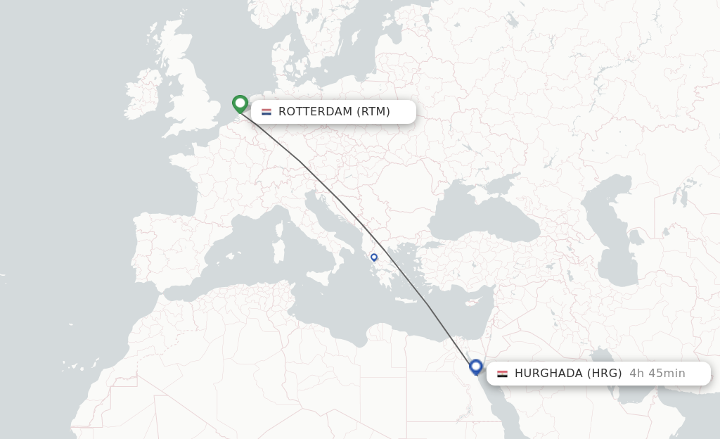 Flights from Rotterdam to Hurghada route map
