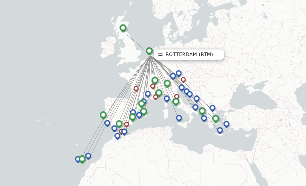 Route map with flights from Rotterdam with Transavia