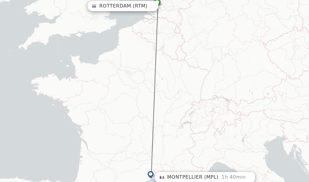 Flights from Rotterdam to Montpellier route map