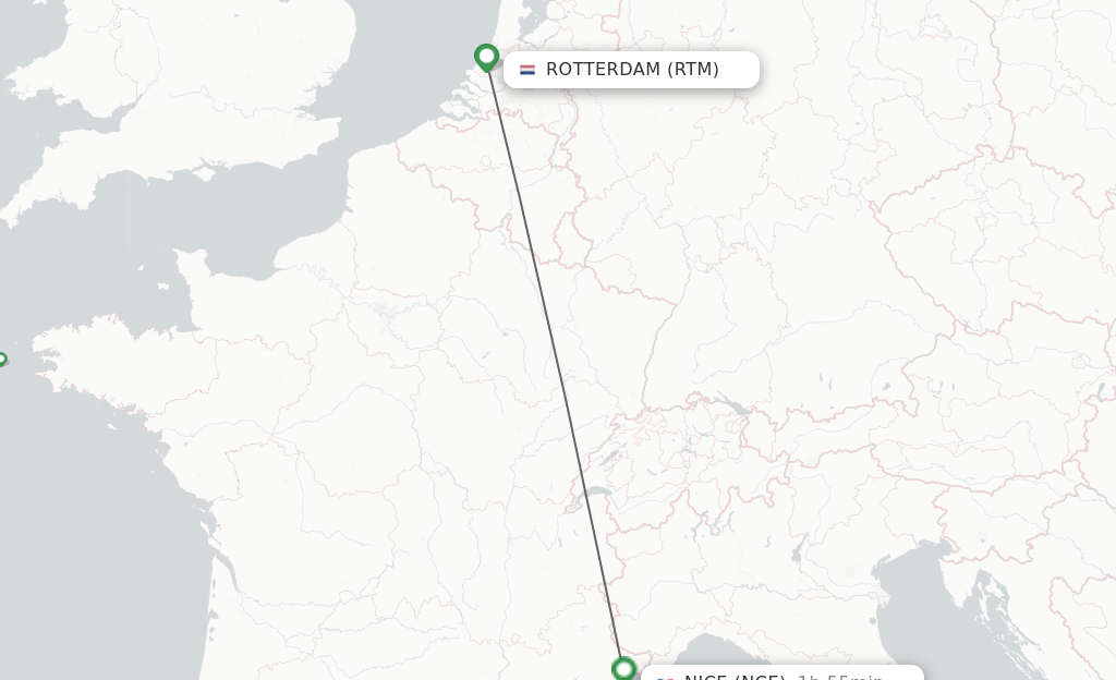 Flights from Rotterdam to Nice route map