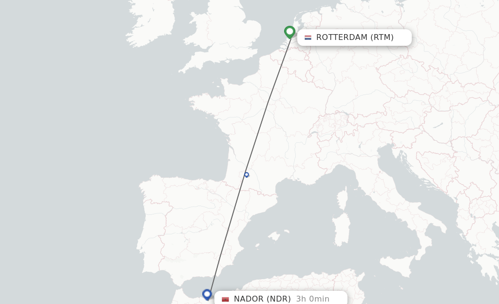 Flights from Rotterdam to Nador route map