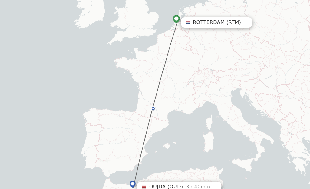 Flights from Rotterdam to Oujda route map
