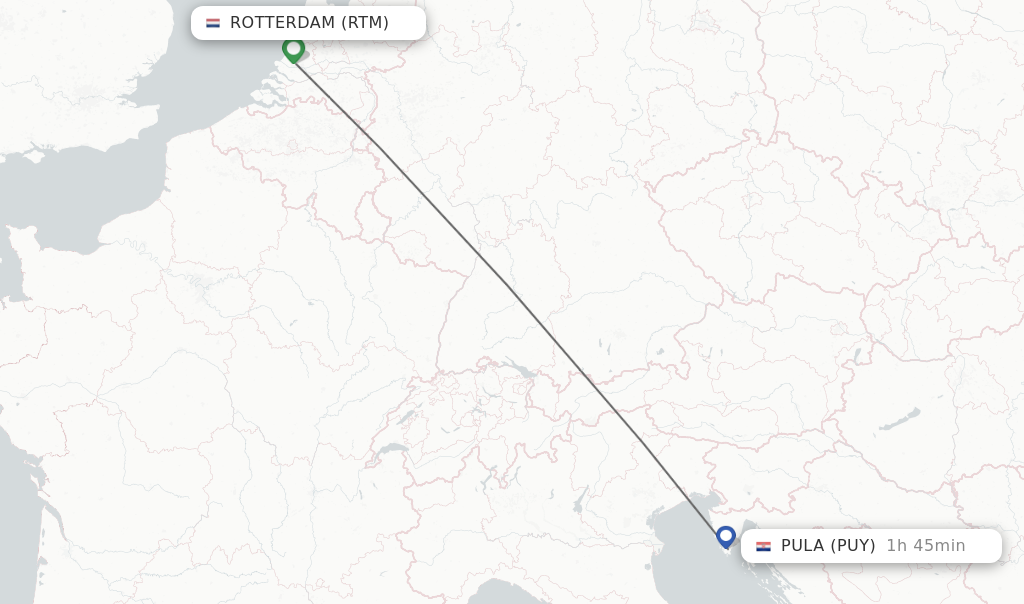 Flights from Rotterdam to Pula route map