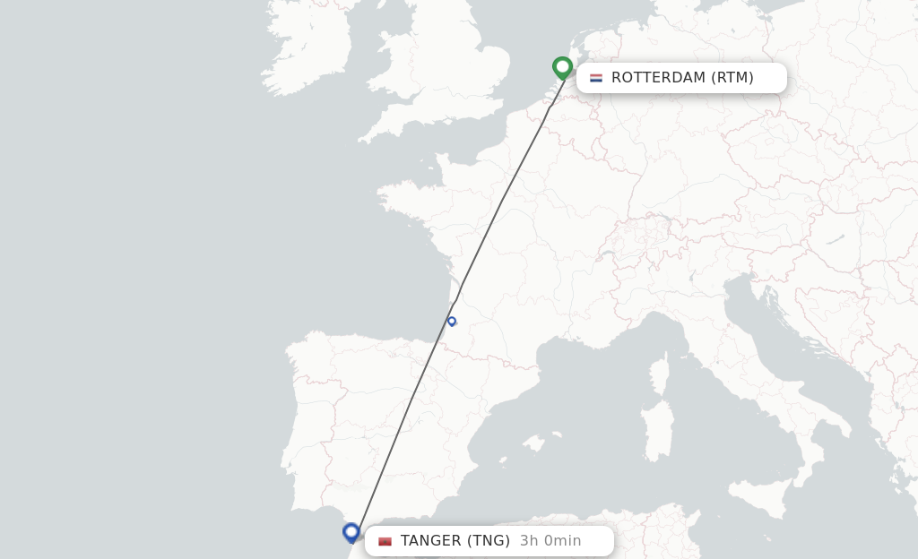Flights from Rotterdam to Tangier route map