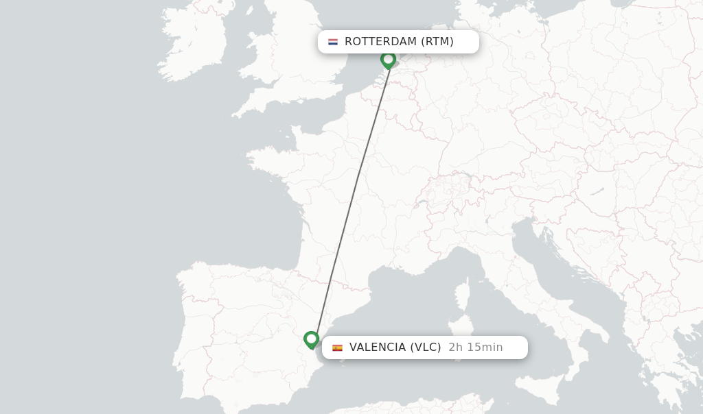 Flights from Rotterdam to Valencia route map