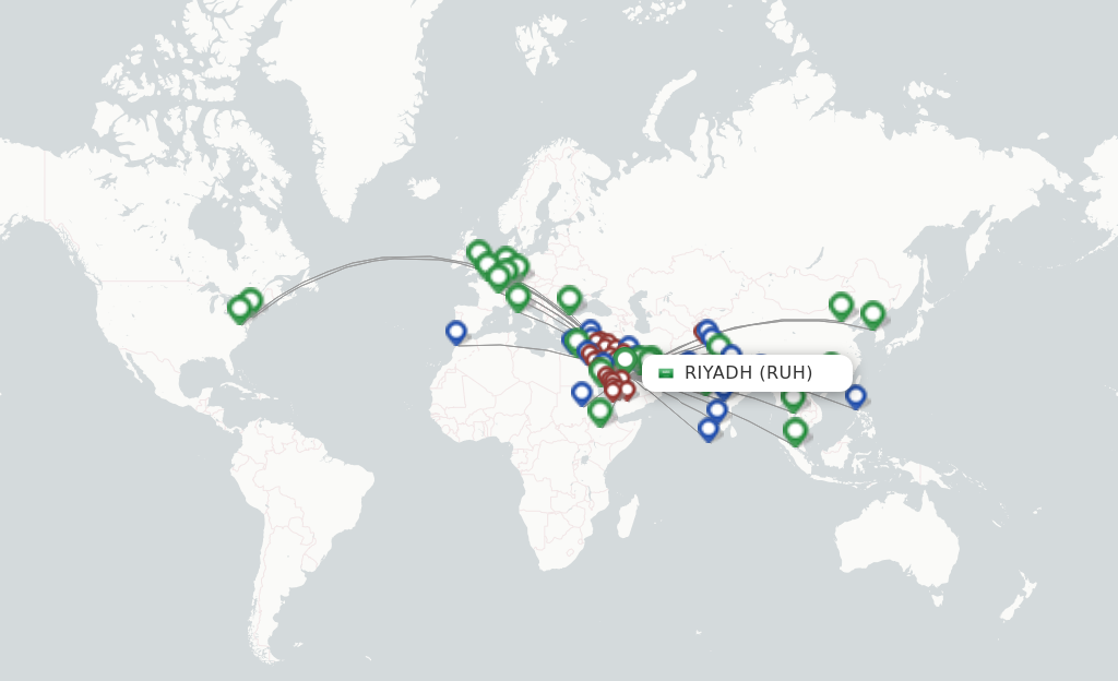 Route map with flights from Riyadh with Saudia
