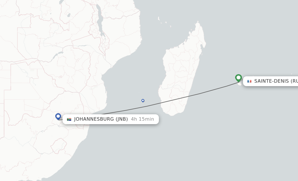 Flights from Saint Denis de la Reunion to Johannesburg route map