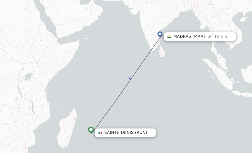 Flights from Saint Denis de la Reunion to Chennai route map