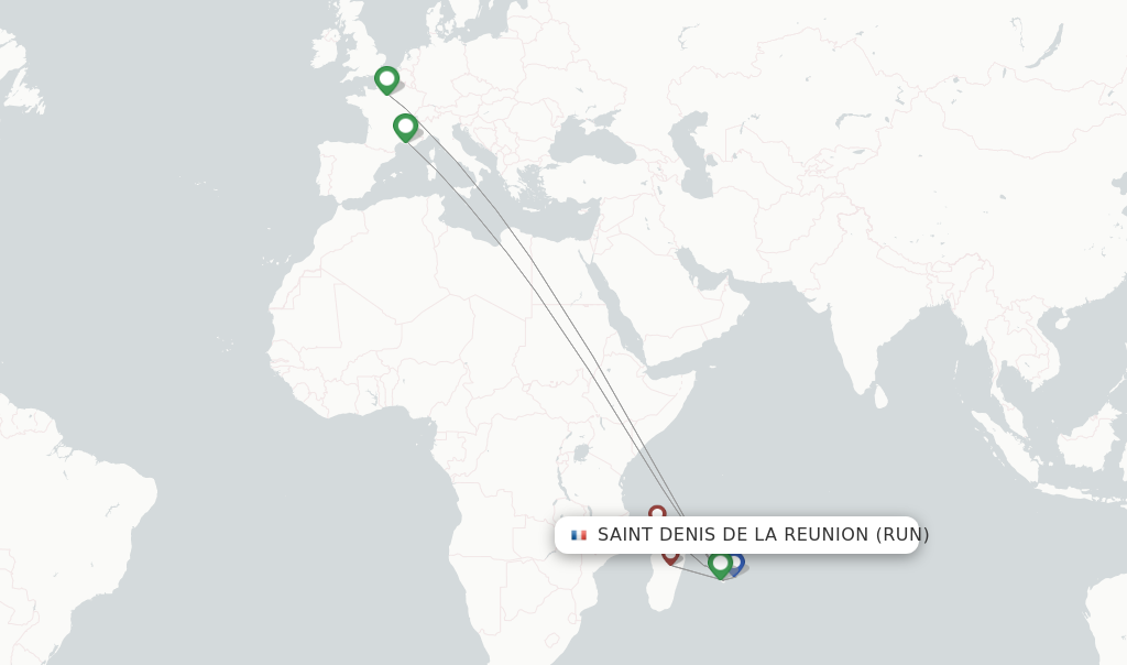 Route map with flights from Saint Denis de la Reunion with Corsair