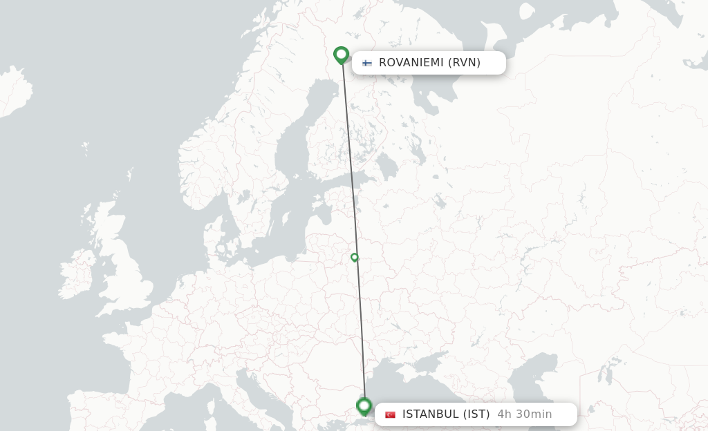 Flights from Rovaniemi to Istanbul route map