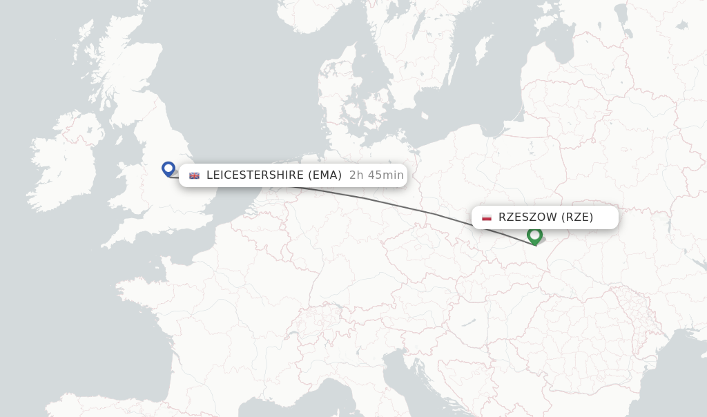 Flights from Rzeszow to Leicestershire route map