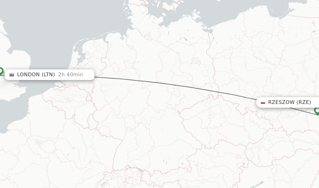 Flights from Rzeszow to London route map