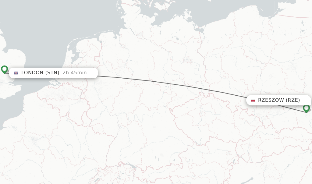 Flights from Rzeszow to London route map