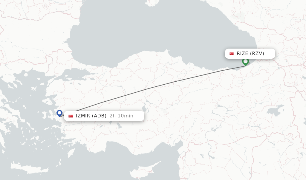 Flights from Rize to Izmir route map