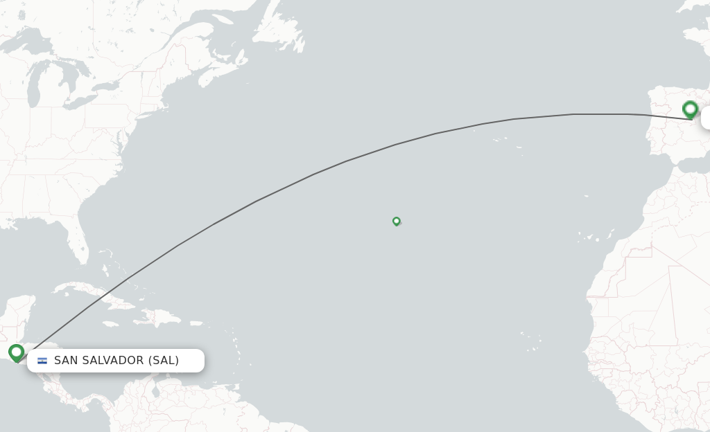 Flights from Madrid to San Salvador route map