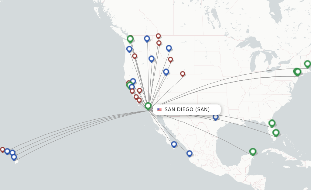 Route map with flights from San Diego with Alaska Airlines