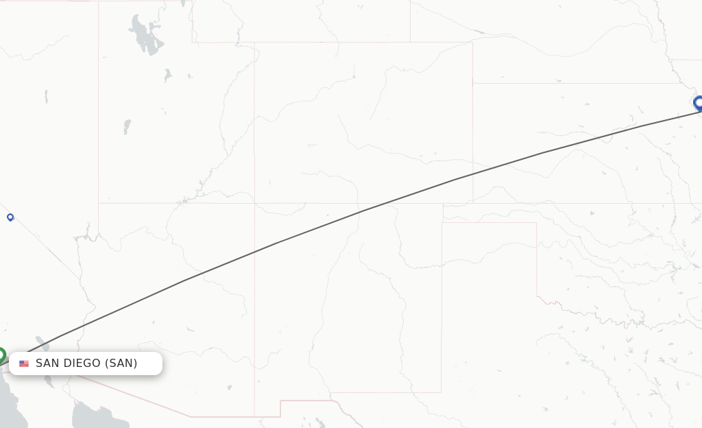 Flights from San Diego to Kansas City route map