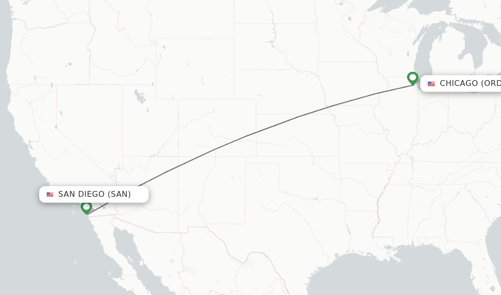 Flights from San Diego to Chicago route map