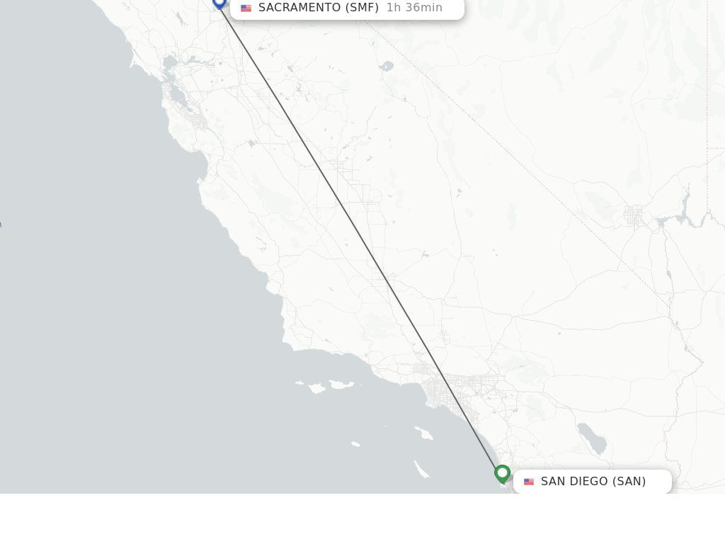 Flights from San Diego to Sacramento route map
