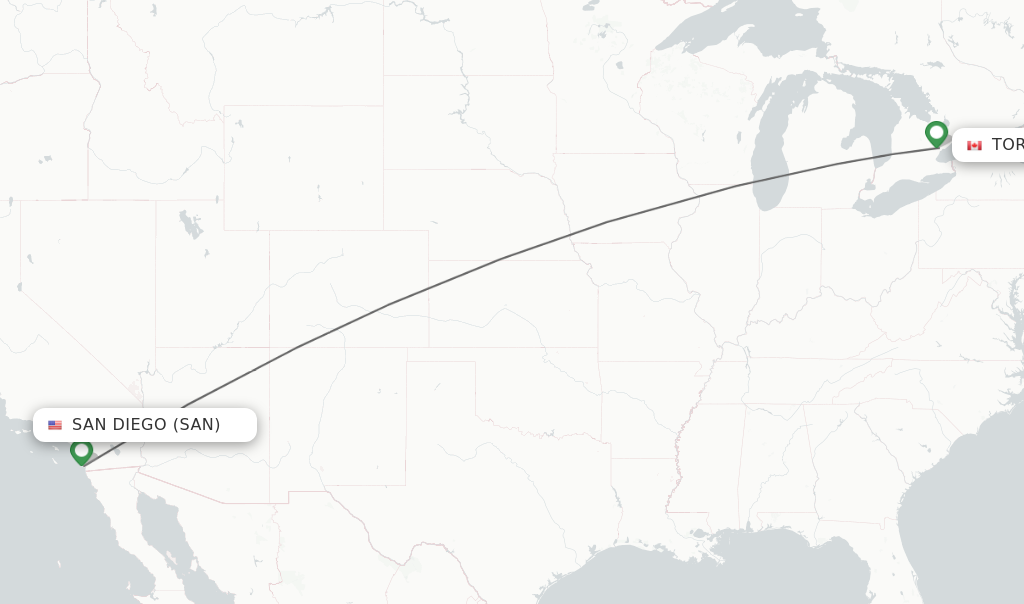 Flights from San Diego to Toronto route map