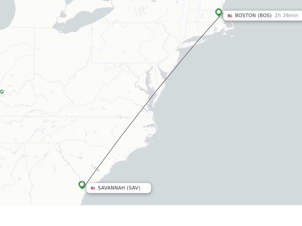 Flights from Savannah to Boston route map