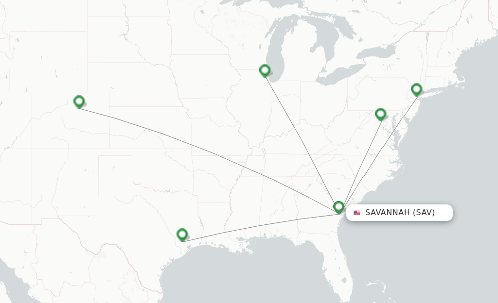 Route map with flights from Savannah with United