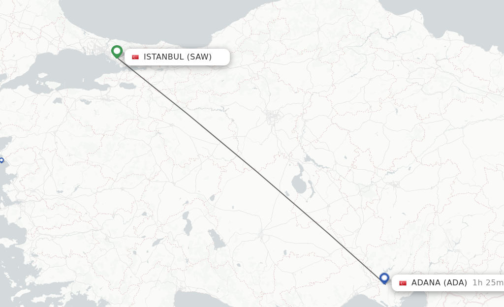 Flights from Istanbul to Adana route map